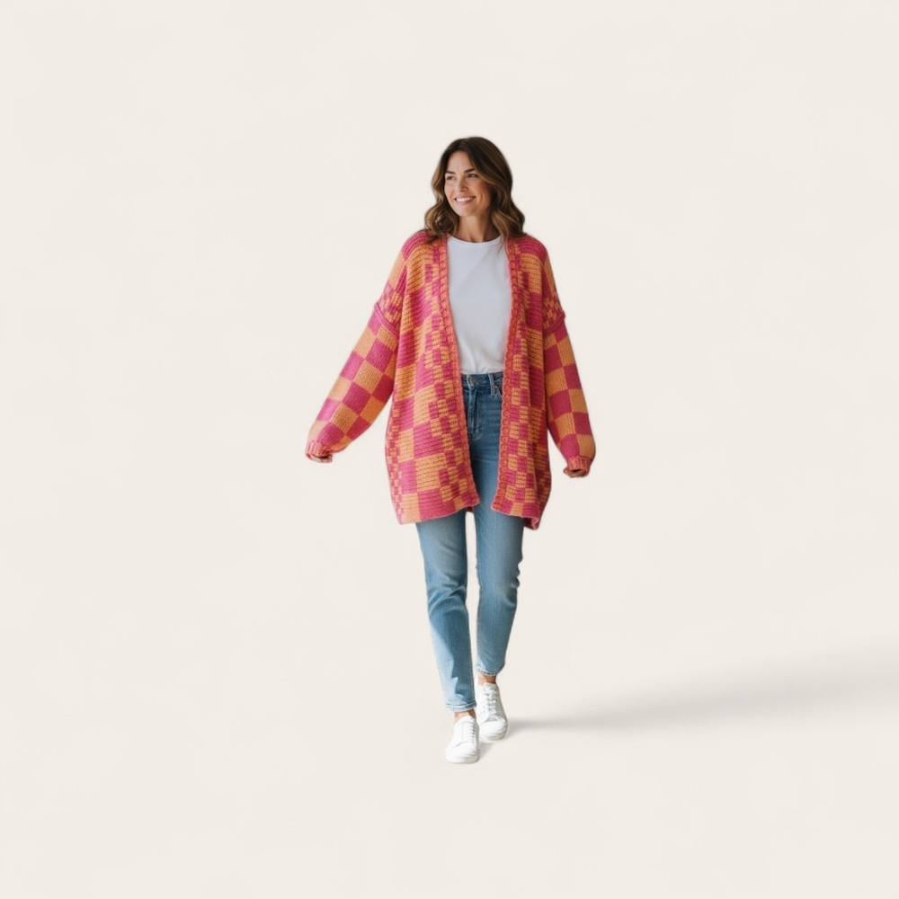 BiBi Womens Sunset Open Front Cardigan Sz XL Oversized Y2K/Retro Chunky Knit